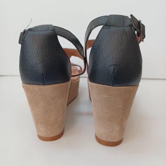 Sundance Wedge Black Tan Leather Strappy Open Toe Ankle Buckle Womens 6 or 37 - Picture 5 of 16